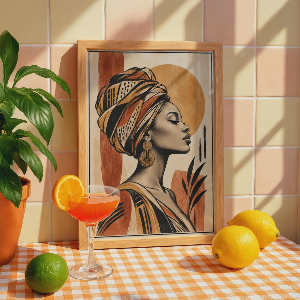 African Woman Head Wrap Poster, Boho Terracotta Wall Art, Black Woman Portrait Print (Physical)