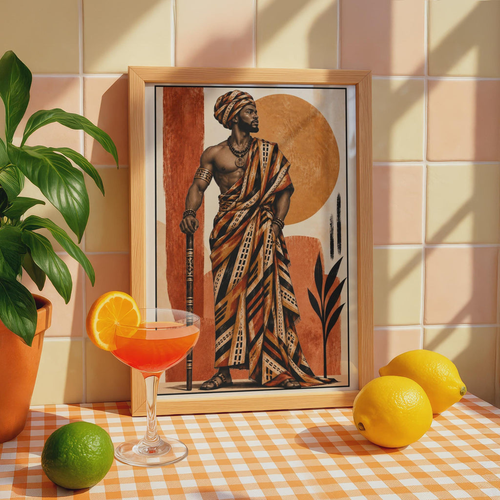 African King Kente Robe Poster, Terracotta Sun Disc, Afrocentric Wall Art Print