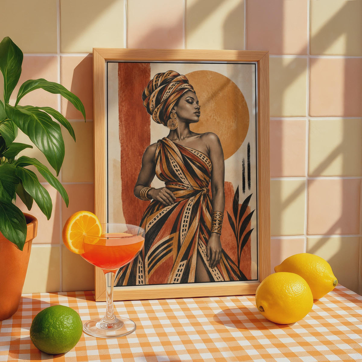 African Woman Portrait Poster, Tribal Wrap Dress, Earthy Tones, Boho Living Room Art Print