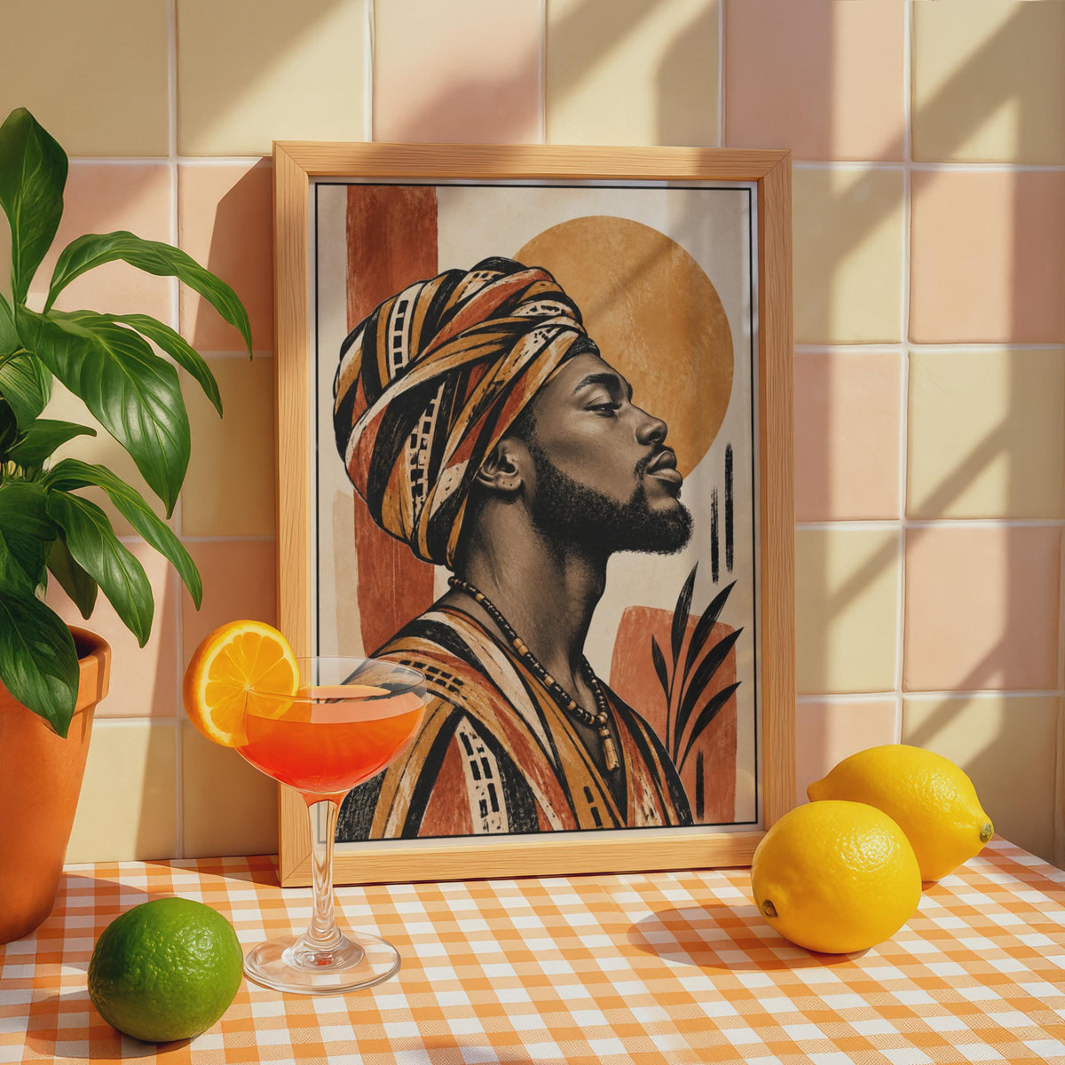 African Man Portrait Poster, Terracotta Head Wrap, Boho Cultural Art (Physical Print)
