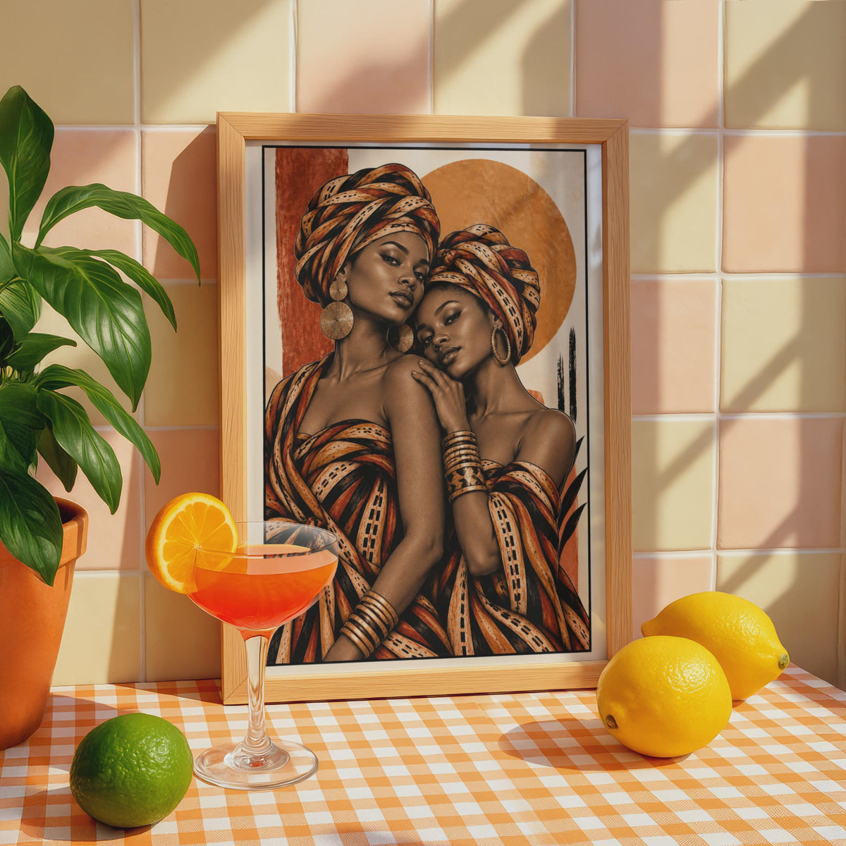 Afrocentric Women Portrait Poster, Terracotta Boho Wall Art, Gold Sun Earrings (Printed Poster)