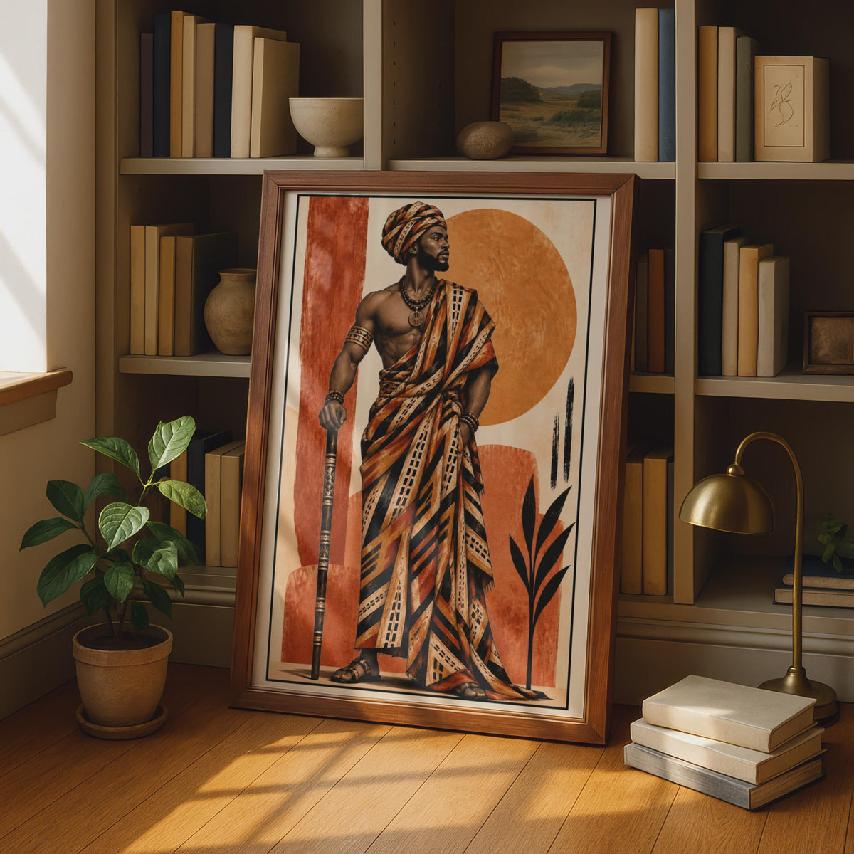 African King Kente Robe Poster, Terracotta Sun Disc, Afrocentric Wall Art Print