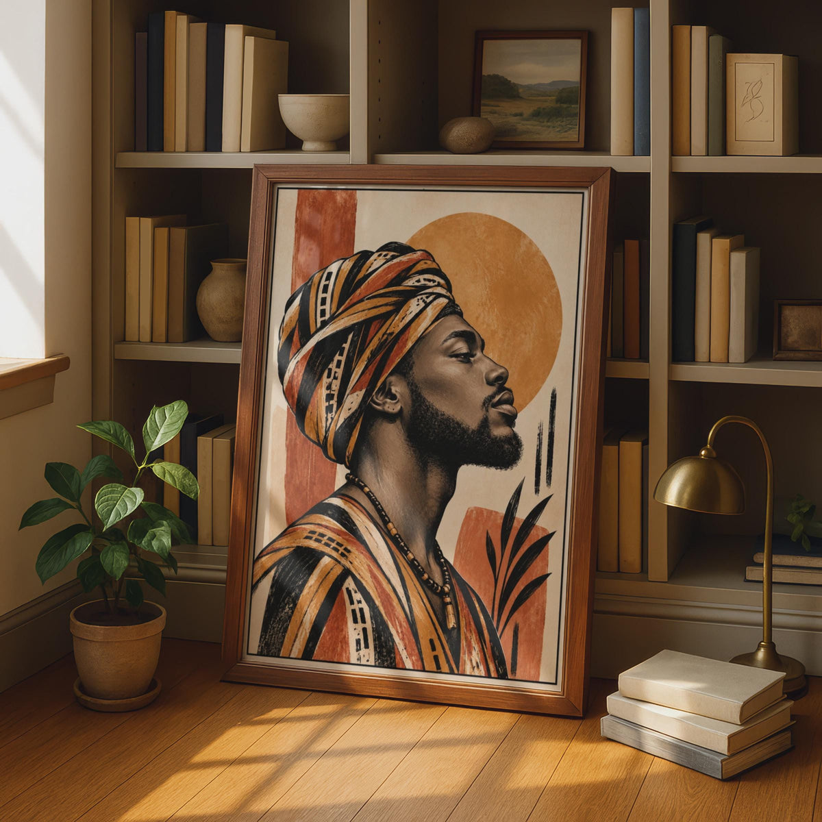 African Man Portrait Poster, Terracotta Head Wrap, Boho Cultural Art (Physical Print)