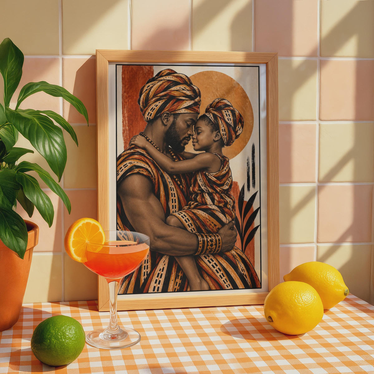African Father Daughter Kente Print, Afrocentric Wall Art, Terracotta Family Poster