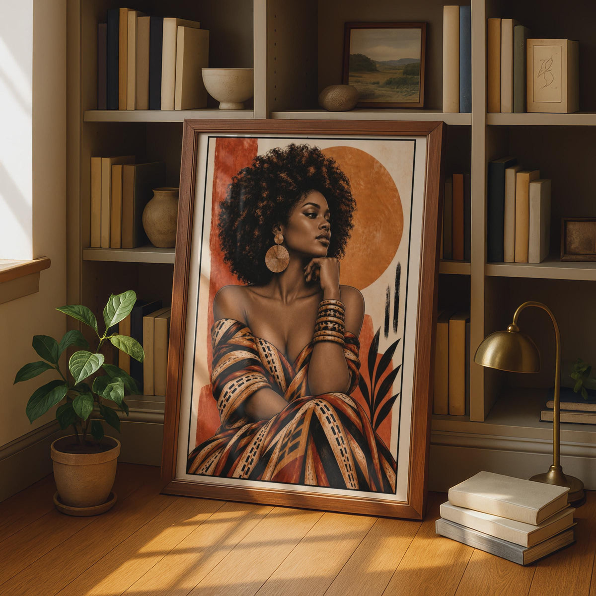 African Woman Portrait Poster, Afro Hair Art, Terracotta Boho Wall Art (Printed)