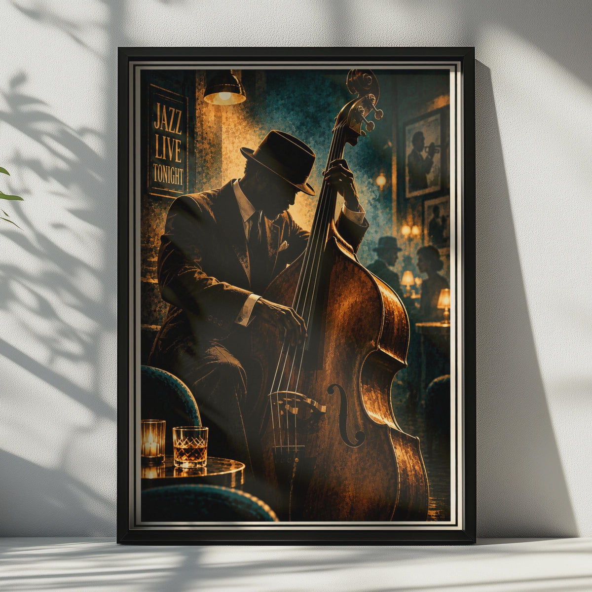 Vintage Jazz Club Poster, Double Bass Musician, Moody Blues Bar Art (Printed Poster)