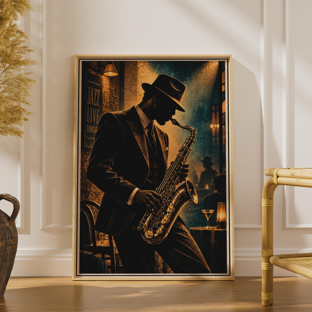 Vintage Jazz Club Saxophonist Poster, Moody Gold Teal Bar Art Print