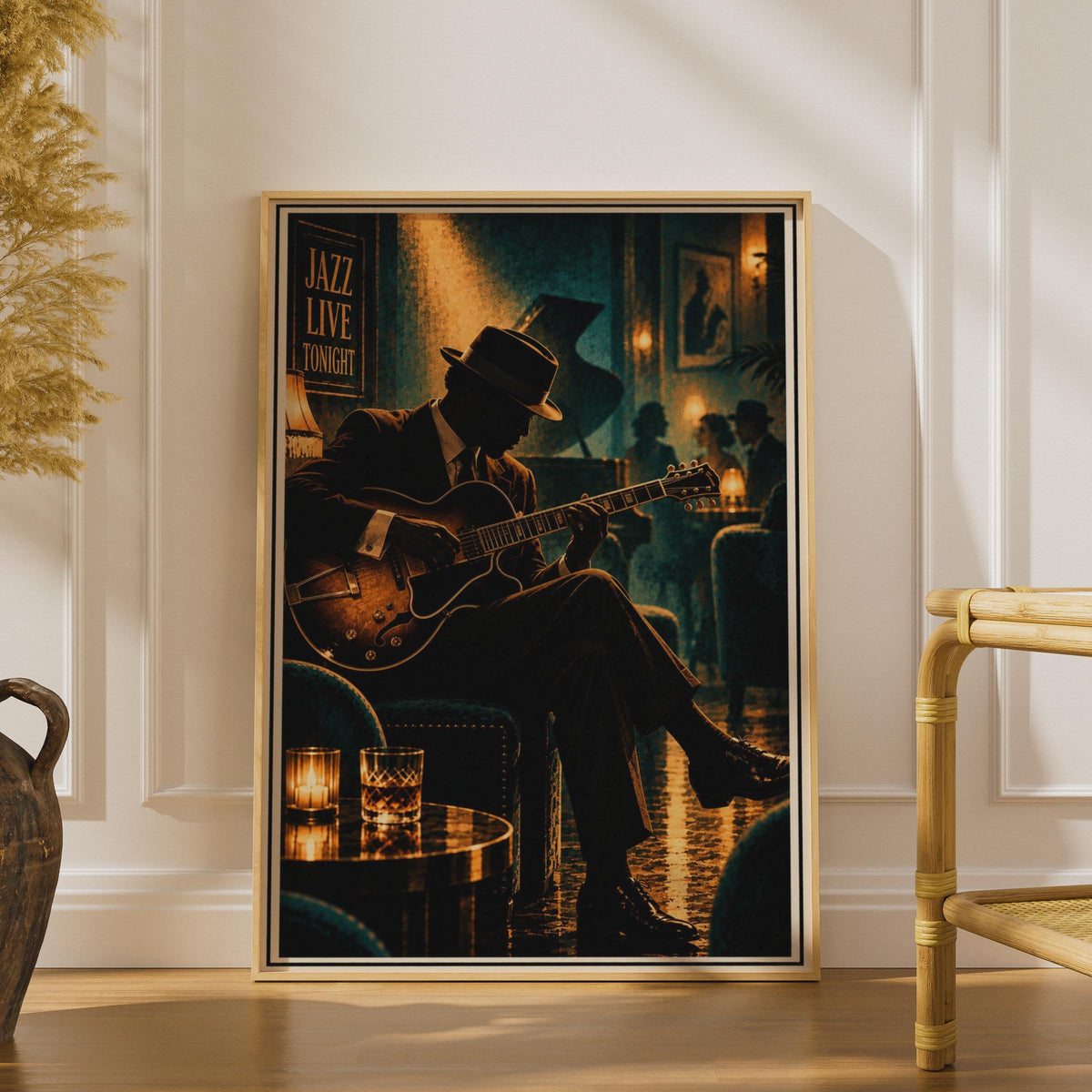 Vintage Jazz Club Poster, Moody Blue Gold Music Print, Retro Jazz Bar Decor