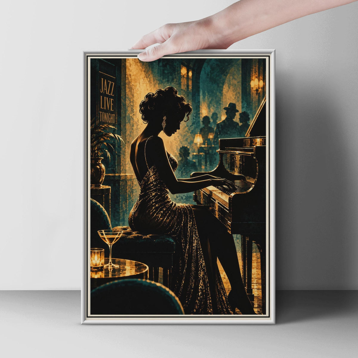 Art Deco Jazz Club Poster, Glamour Pianist, Teal Gold Wall Art (Print)