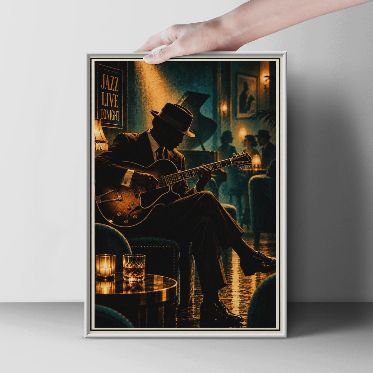Vintage Jazz Club Poster, Moody Blue Gold Music Print, Retro Jazz Bar Decor