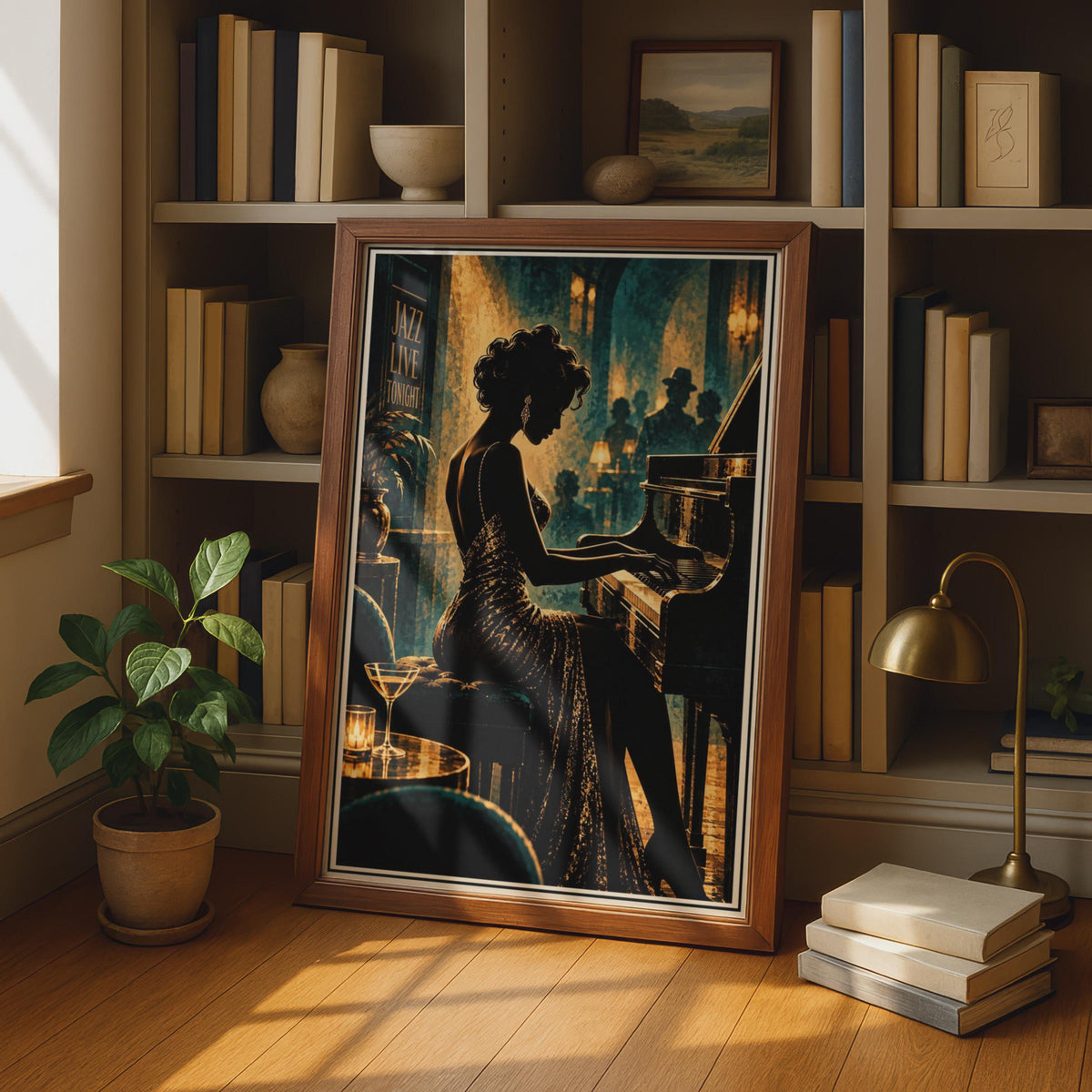 Art Deco Jazz Club Poster, Glamour Pianist, Teal Gold Wall Art (Print)