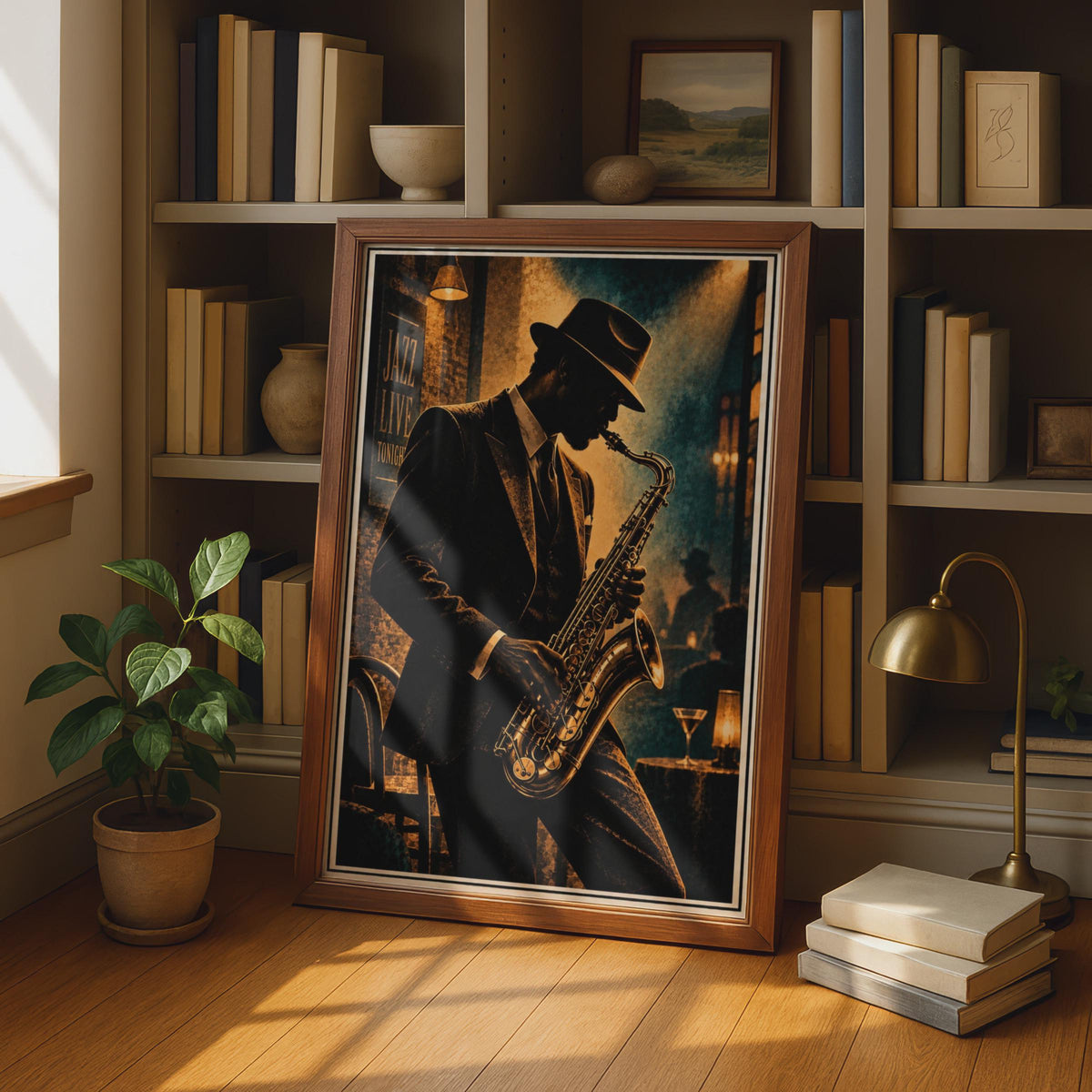 Vintage Jazz Club Saxophonist Poster, Moody Gold Teal Bar Art Print