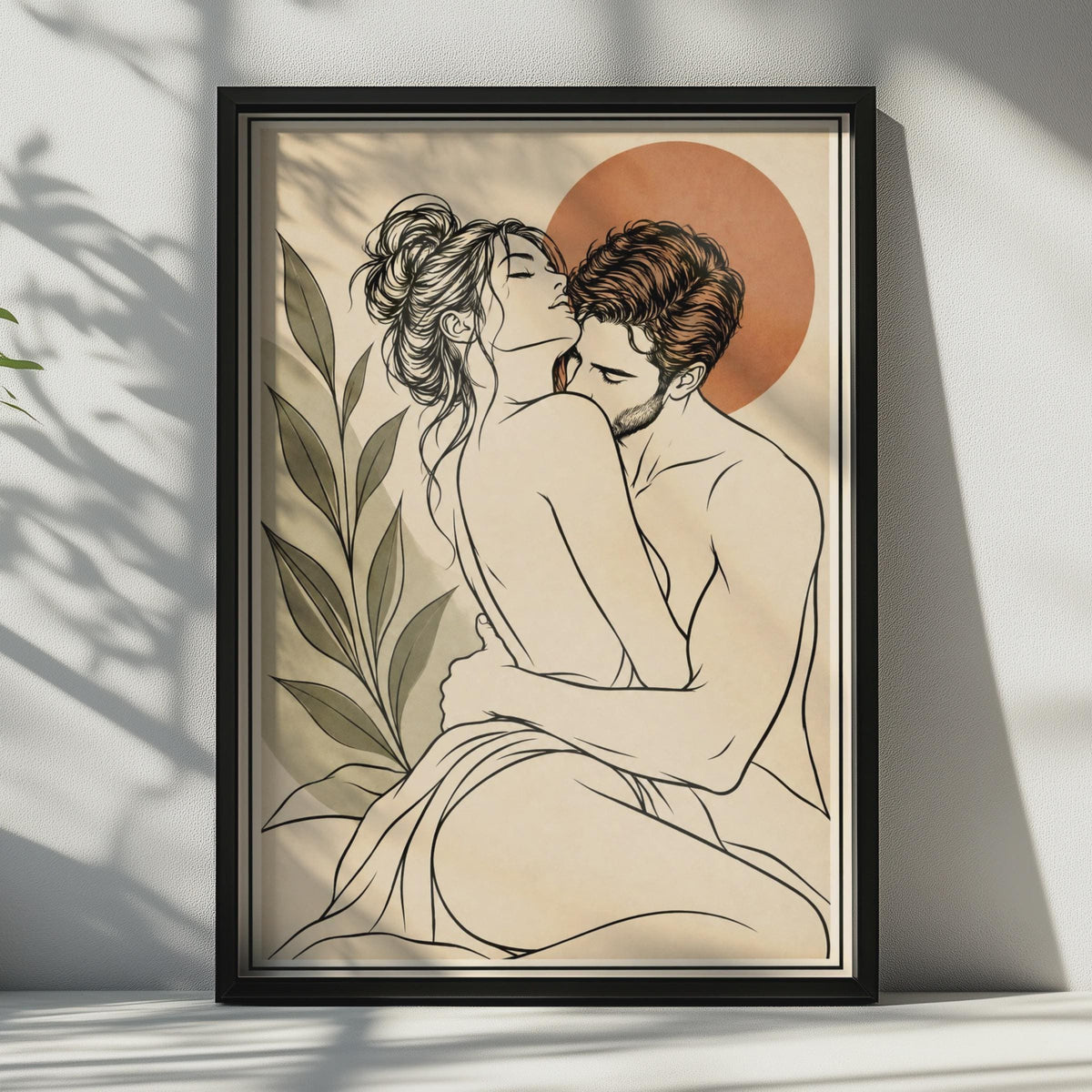 Romantic Couple Line Art Print, Boho Lovers Embrace, Terracotta Sun Wall Decor (Print)