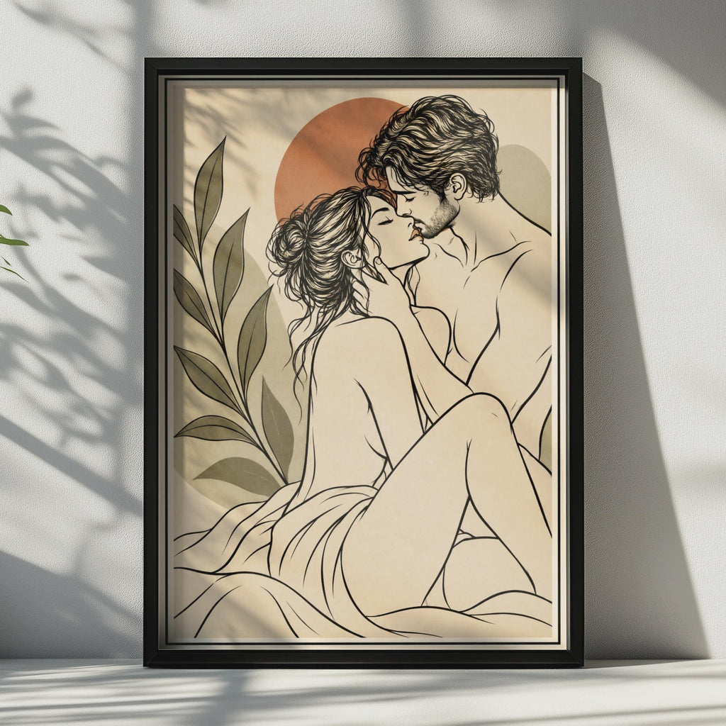 Romantic Couple Line Art Poster, Boho Lovers Wall Art, Terracotta Bedroom Print (Physical Product)