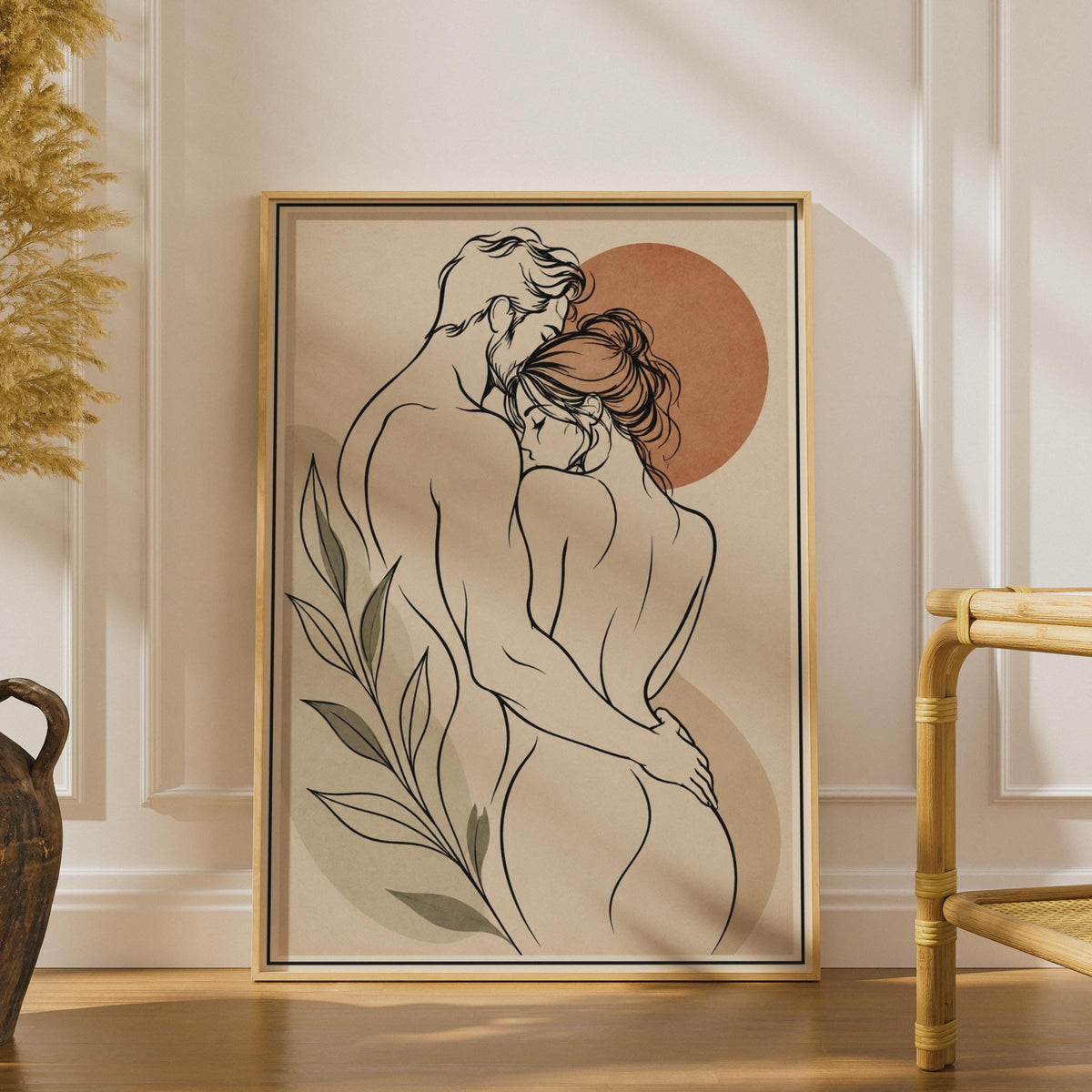 Romantic Couple Line Art Poster, Boho Bedroom Wall Art, Terracotta Sun, Sage Leaves (Print)