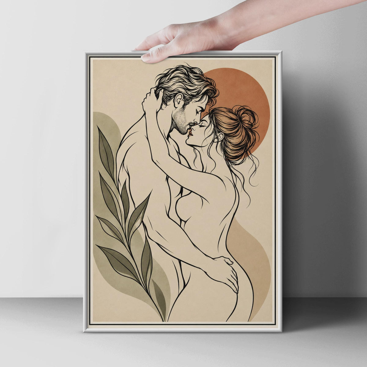 Romantic Couple Line Art Poster, Boho Lovers Embrace Print, Terracotta Bedroom Wall Art (Physical)