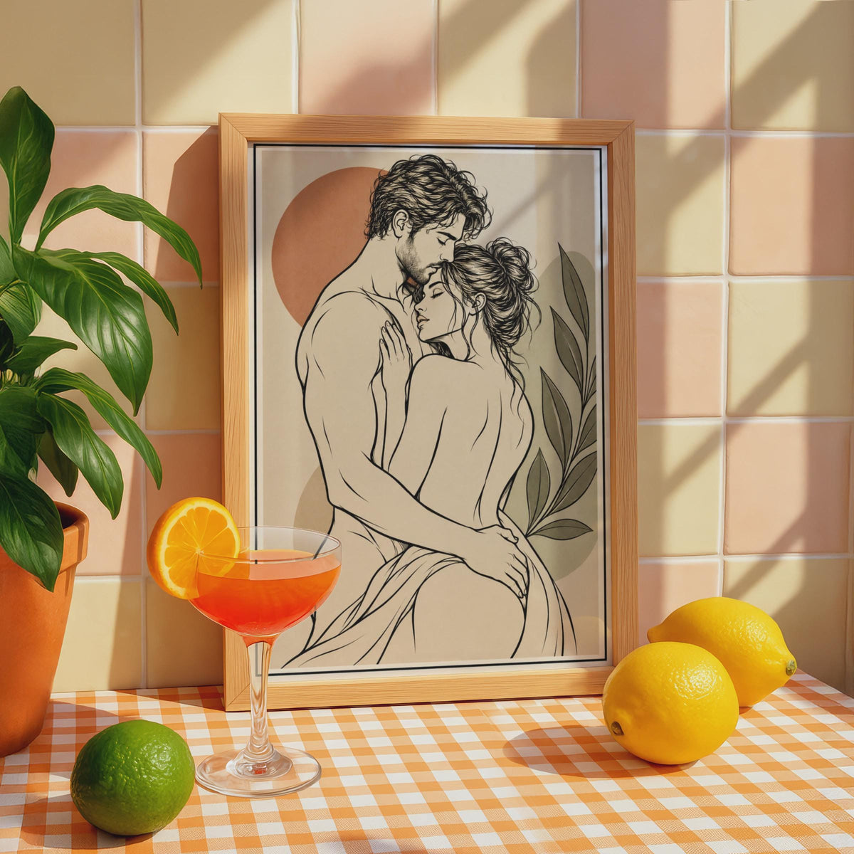 Romantic Couple Embrace Line Art Print, Boho Terracotta Sage Green Wall Art (Physical Poster)