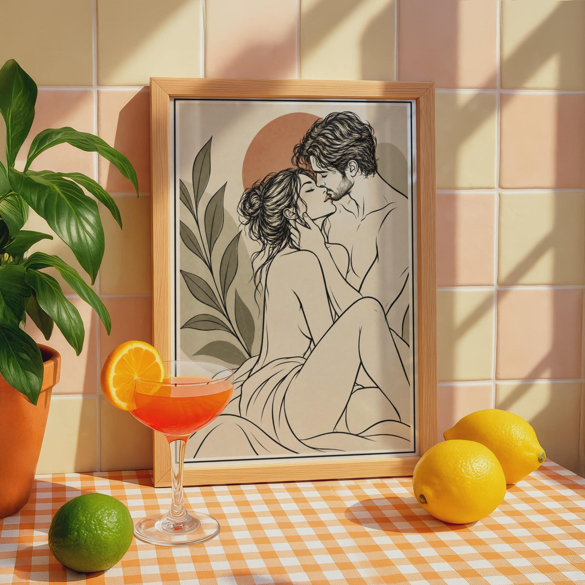 Romantic Couple Line Art Poster, Boho Lovers Wall Art, Terracotta Bedroom Print (Physical Product)
