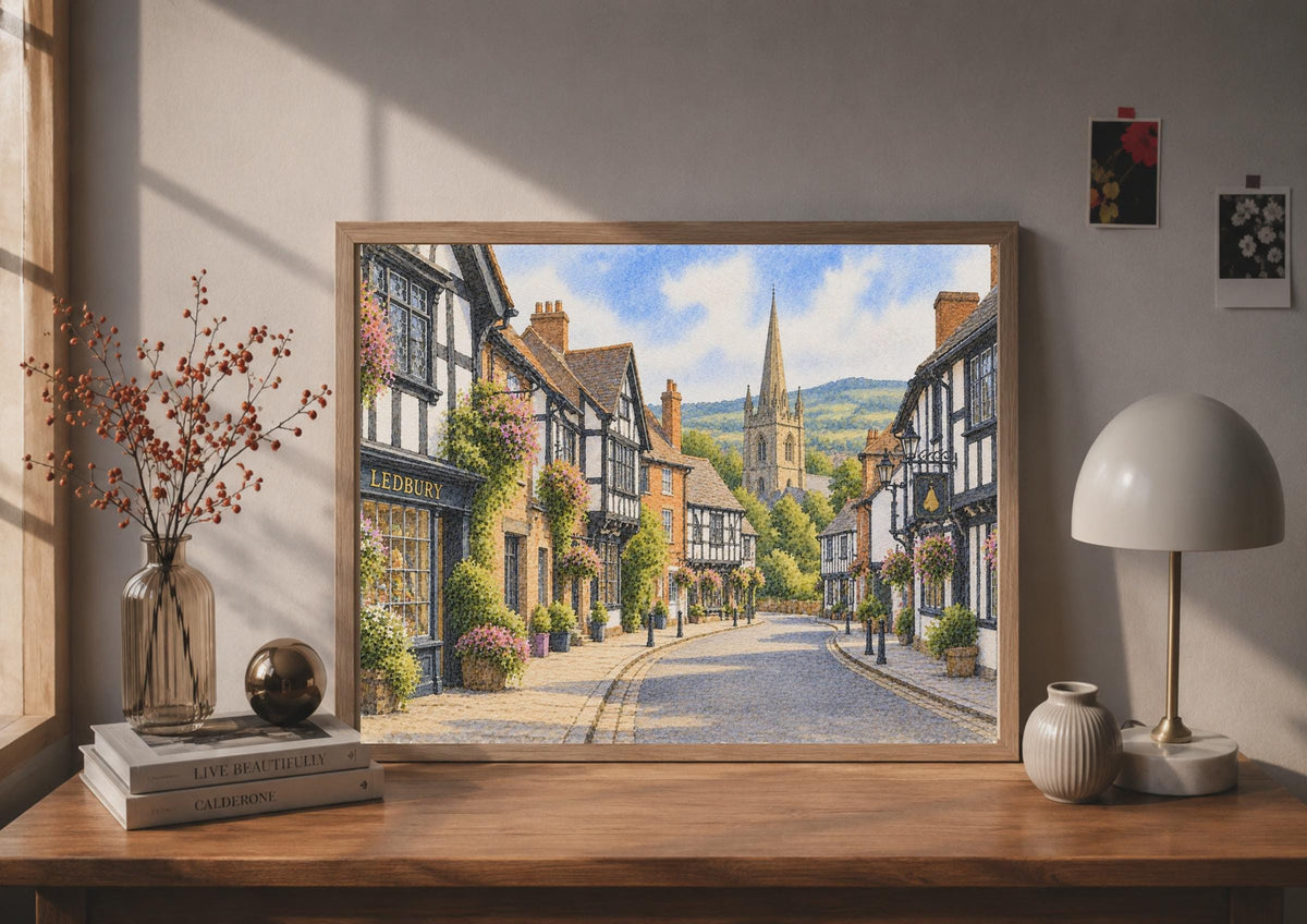 Ledbury Herefordshire Watercolour Poster, Tudor Street Scene, English Market Town Art (Print)