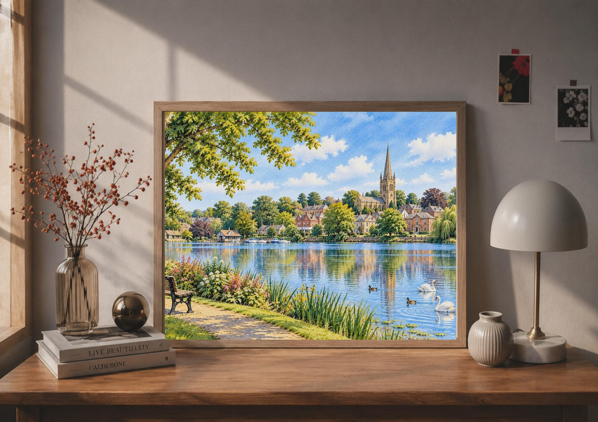 Ellesmere Mere Watercolour Poster, Shropshire Church Spire, Swans, Sailboats (Print)