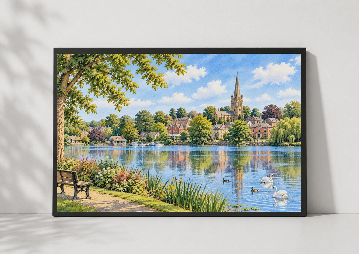 Ellesmere Mere Watercolour Poster, Shropshire Church Spire, Swans, Sailboats (Print)