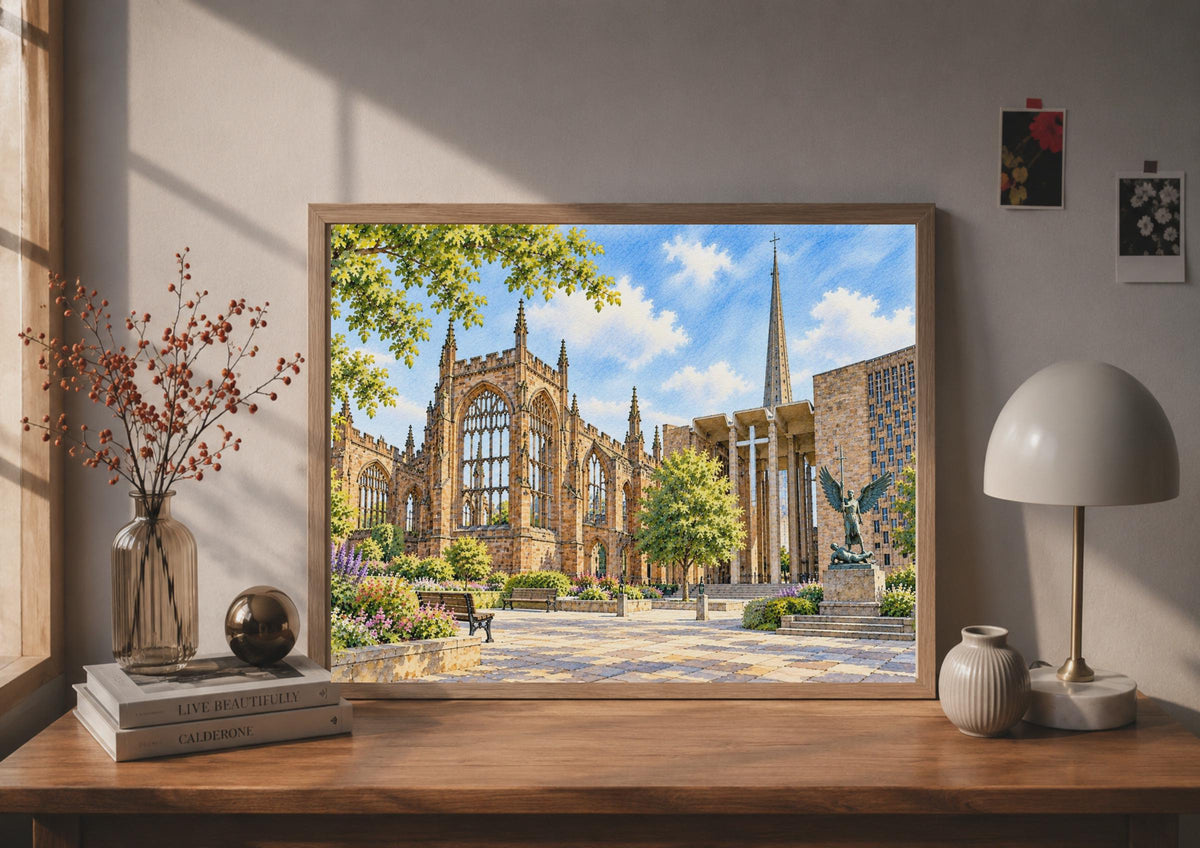 Coventry Cathedral Watercolour Poster, Gothic Ruins, Modernist Architecture (Print)