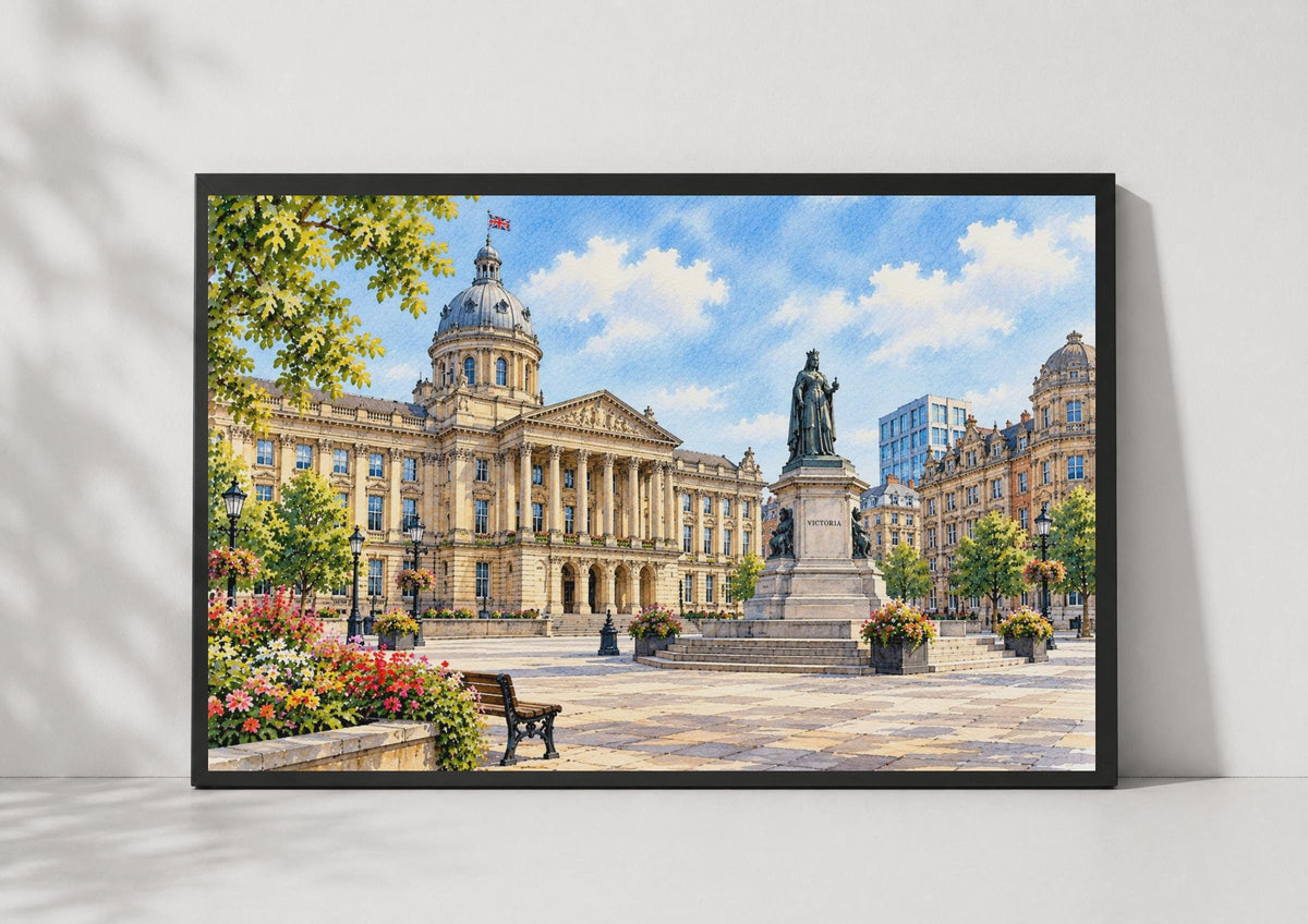 Birmingham Victoria Square Watercolour Poster, Council House, Queen Victoria Statue (Wall Art)