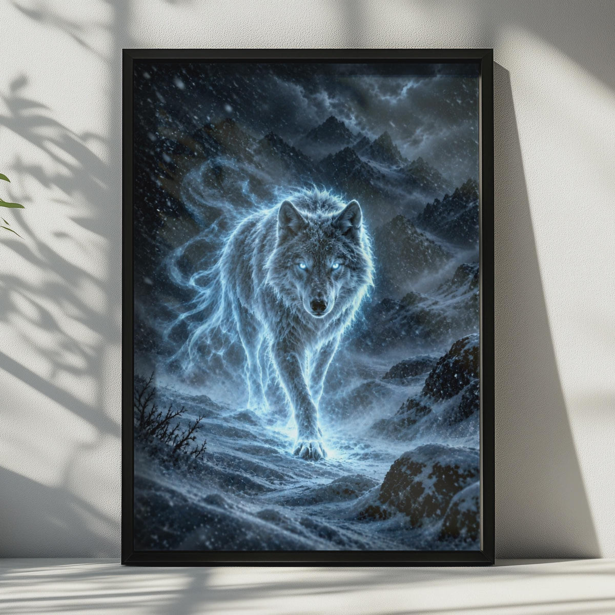 Glowing Blue Spirit Wolf Poster, Fantasy Winter Mountain Wall Art (Printed to Order)