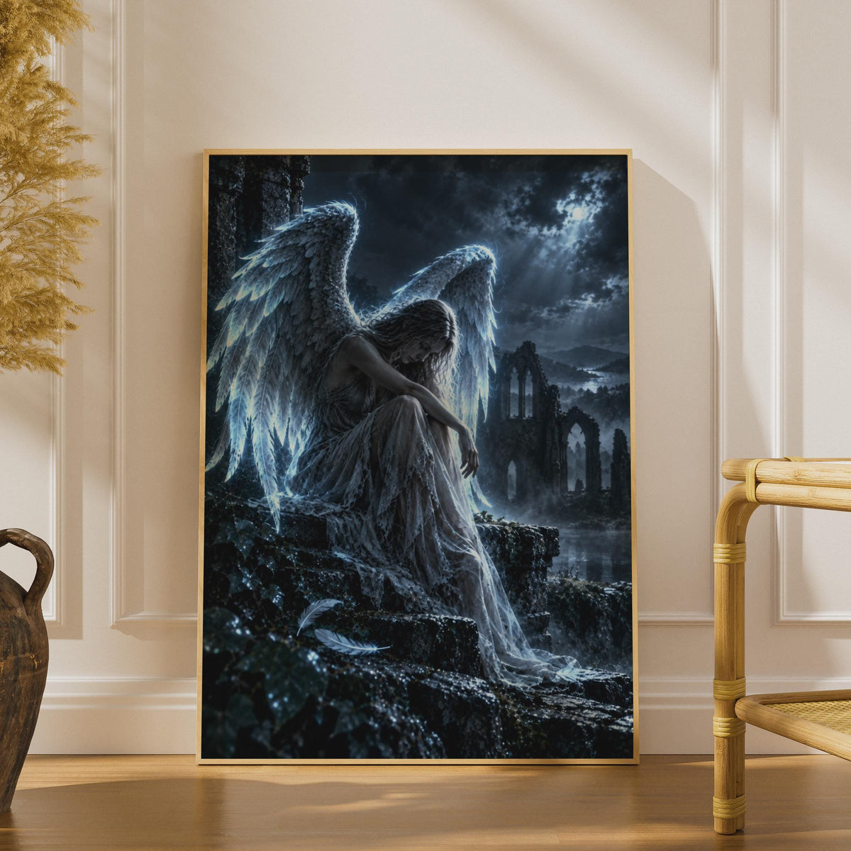 Fallen Angel Poster, Gothic Fantasy Wall Art, Moonlit Ruins Print