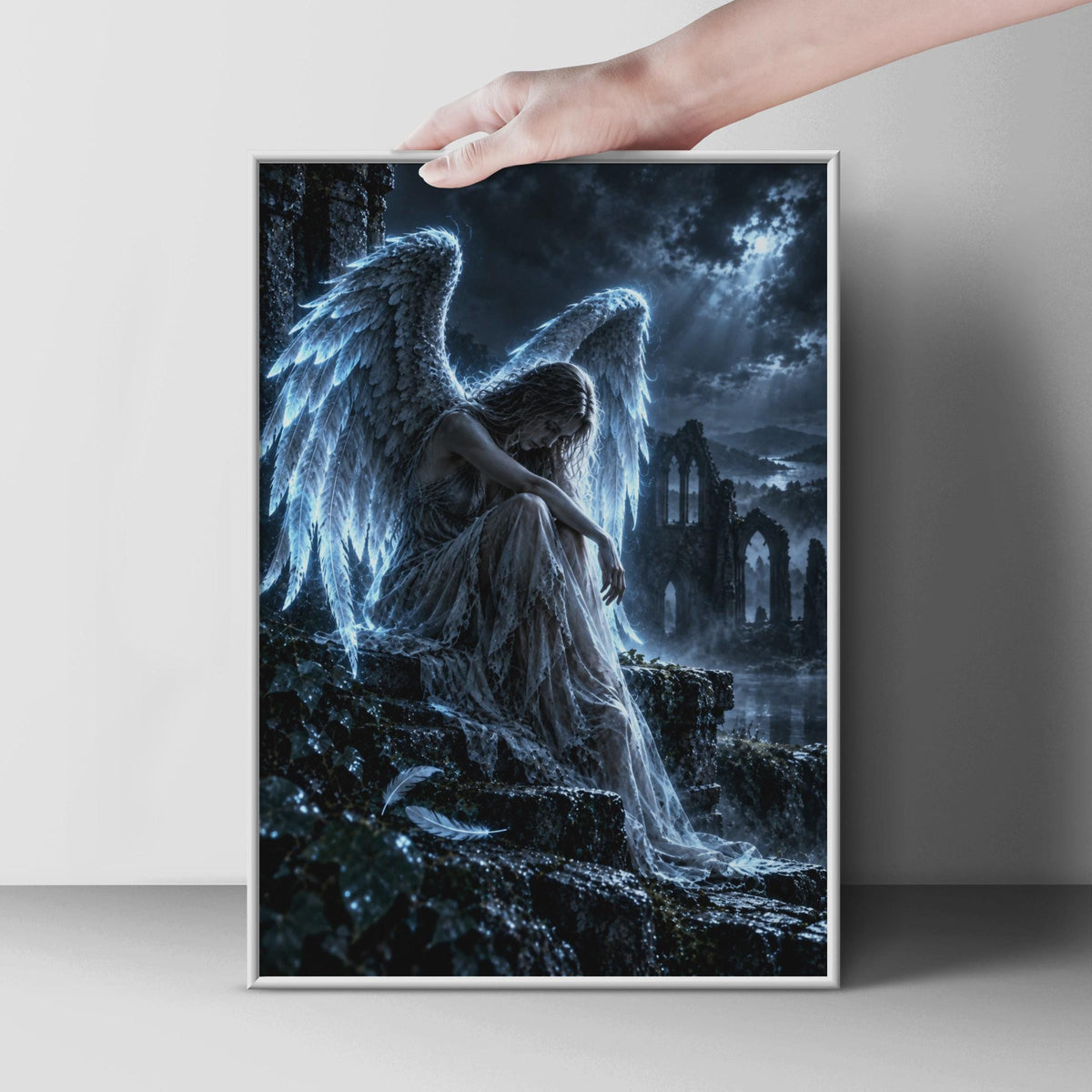 Fallen Angel Poster, Gothic Fantasy Wall Art, Moonlit Ruins Print