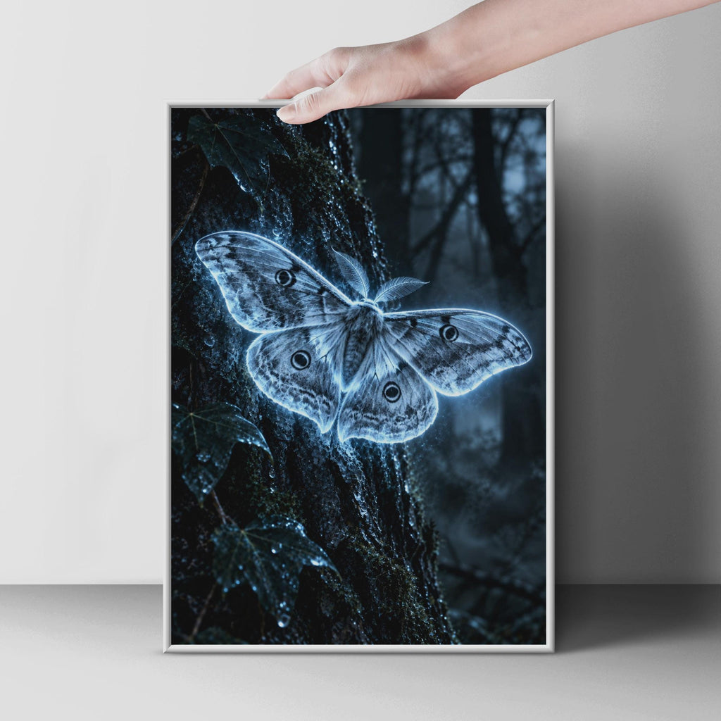 Glowing Moth Poster, Bioluminescent Forest Art, Gothic Nature Decor (Printed Poster)