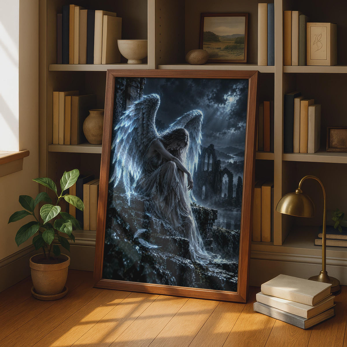 Fallen Angel Poster, Gothic Fantasy Wall Art, Moonlit Ruins Print