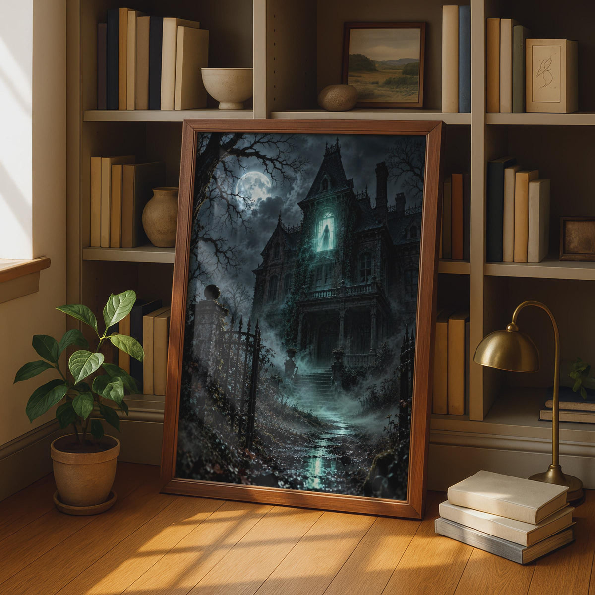 Haunted Mansion Ghost Poster, Gothic Horror Wall Art, Spooky Full Moon Victorian House Print