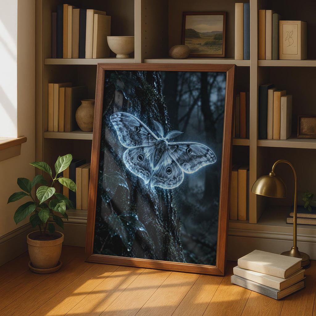Glowing Moth Poster, Bioluminescent Forest Art, Gothic Nature Decor (Printed Poster)