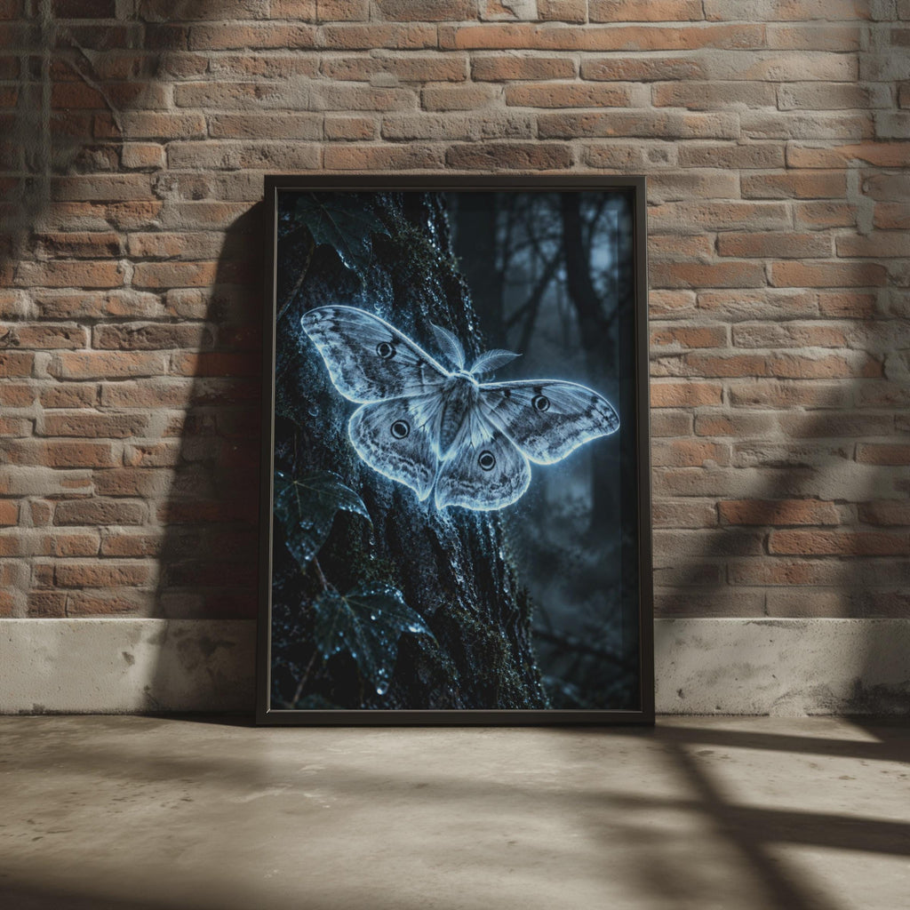 Glowing Moth Poster, Bioluminescent Forest Art, Gothic Nature Decor (Printed Poster)