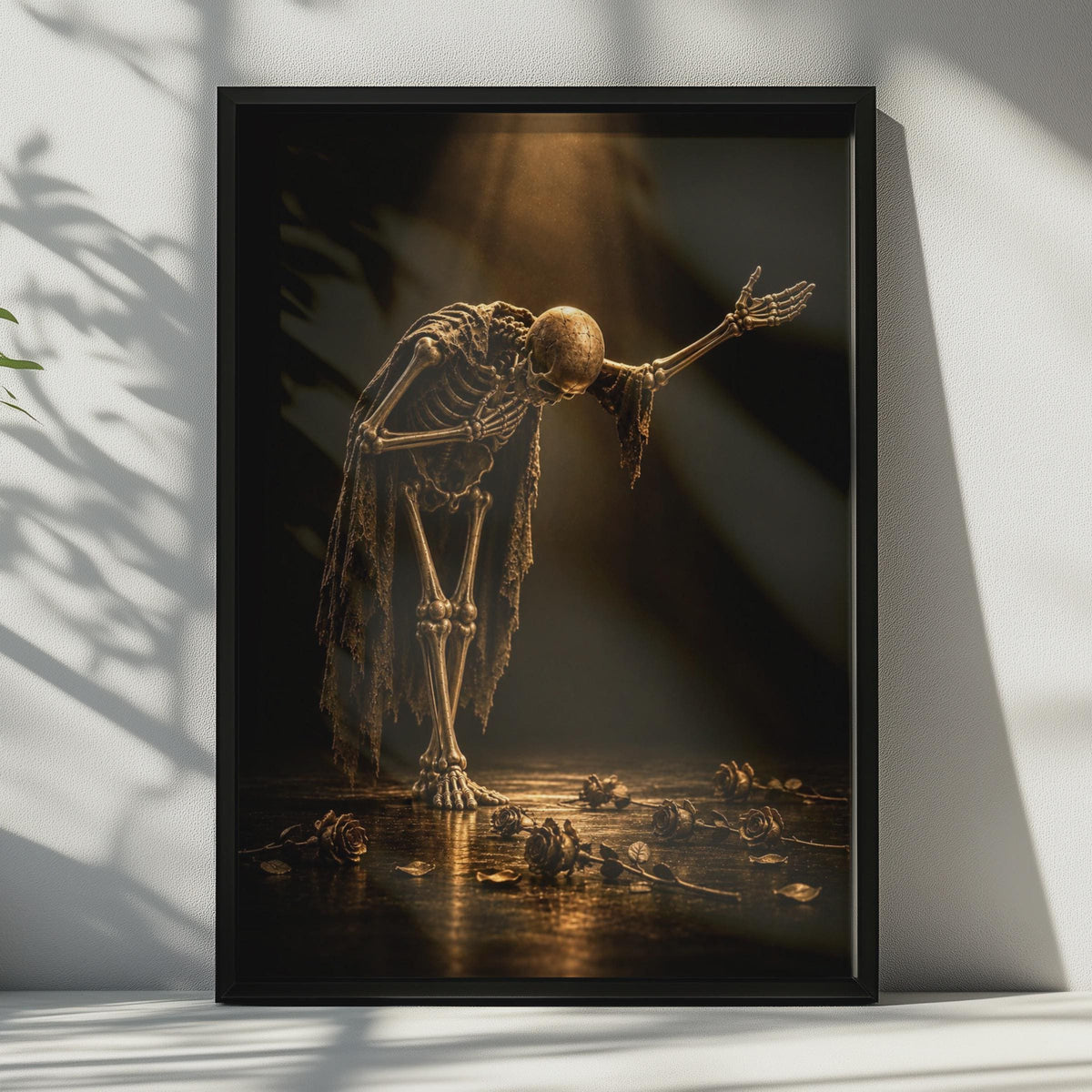 Gold Skeleton Bowing Poster, Gothic Roses, Moody Fantasy Art (Printed Poster)