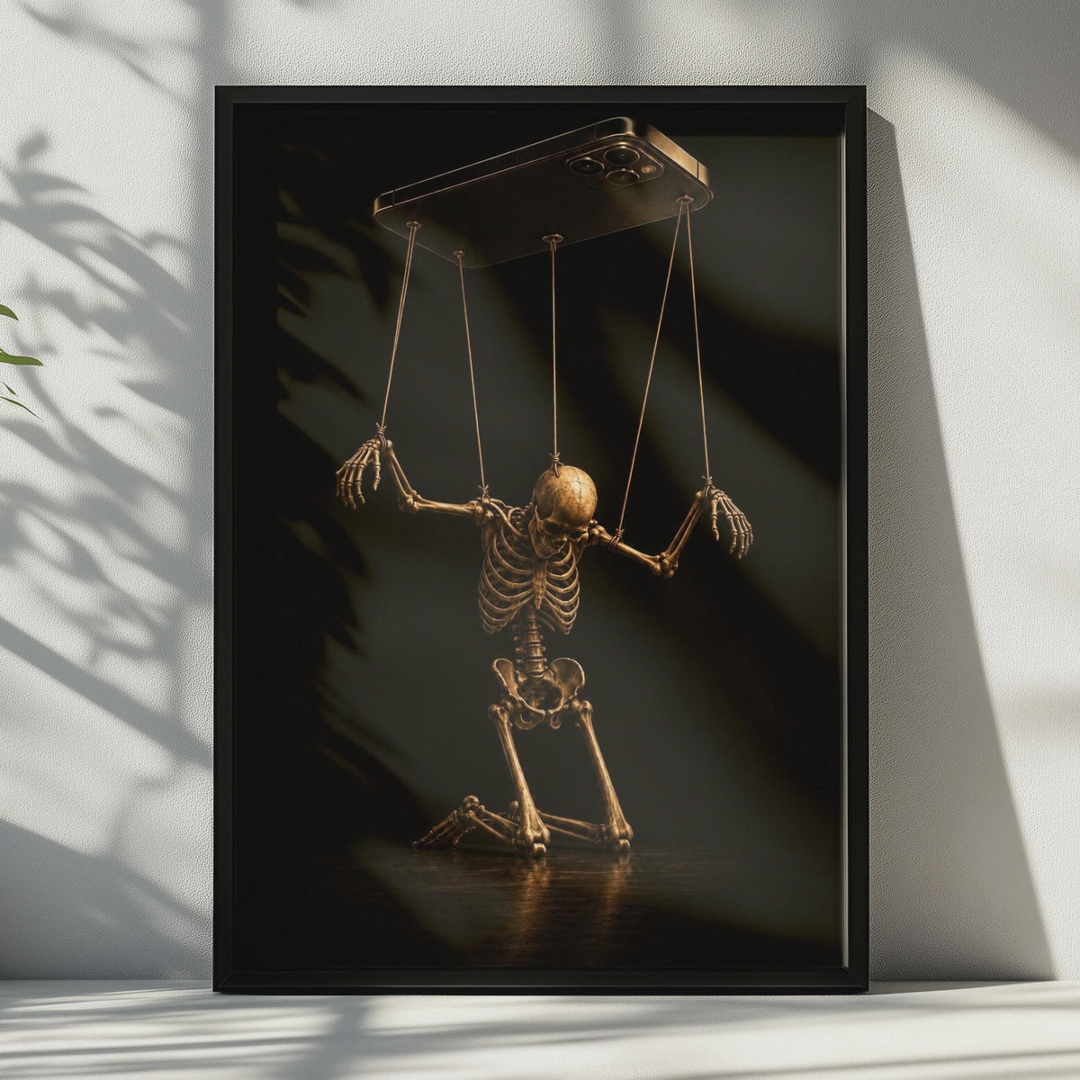 Skeleton Puppet Phone Poster, Dark Gold Gothic Wall Art (Printed Poster)