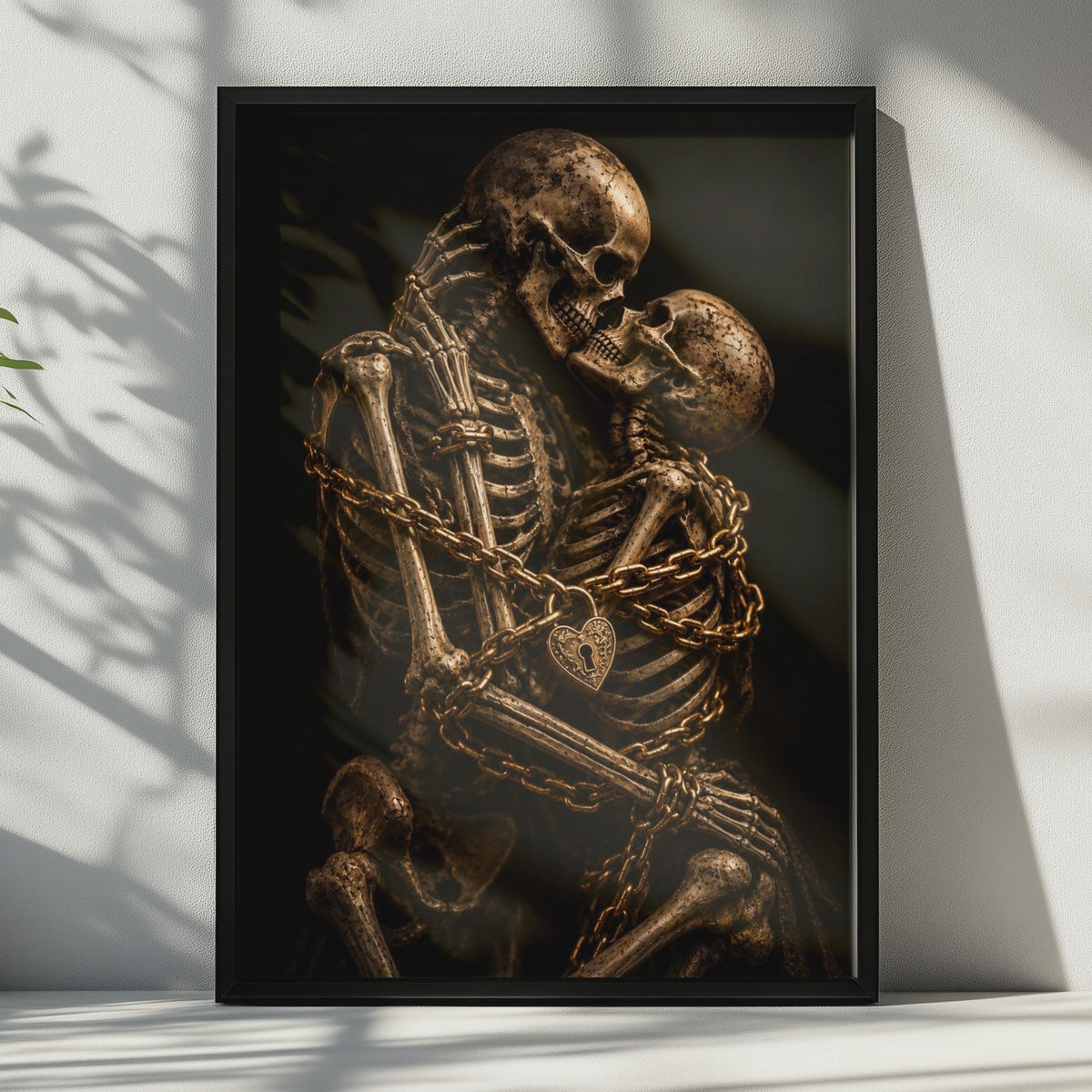 Gothic Romance Poster, Skeleton Couple Heart Lock Chain, Moody Black Gold Print