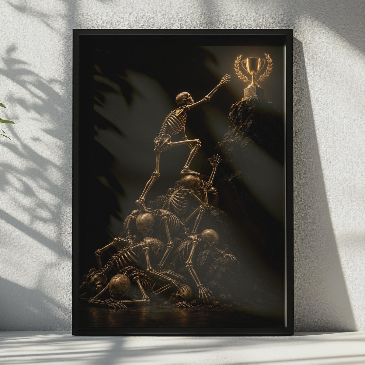 Dark Ambition Poster, Golden Skeletons Climbing for Trophy, Gothic Motivational Art