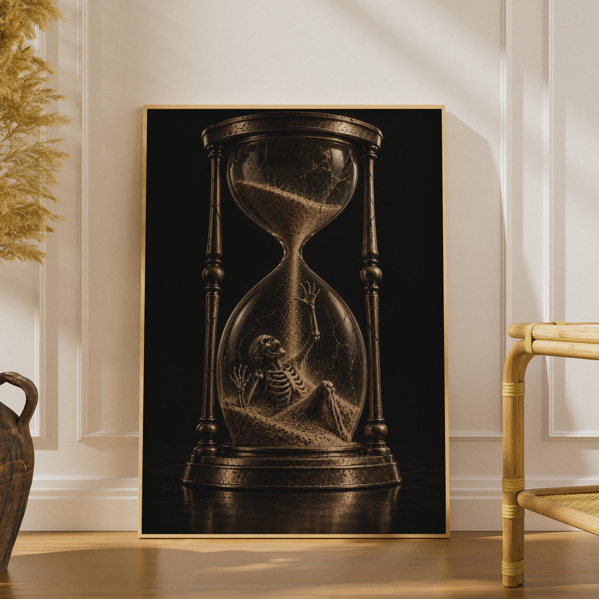 Skeleton Hourglass Poster, Gothic Memento Mori Art, Sepia Vanitas Print