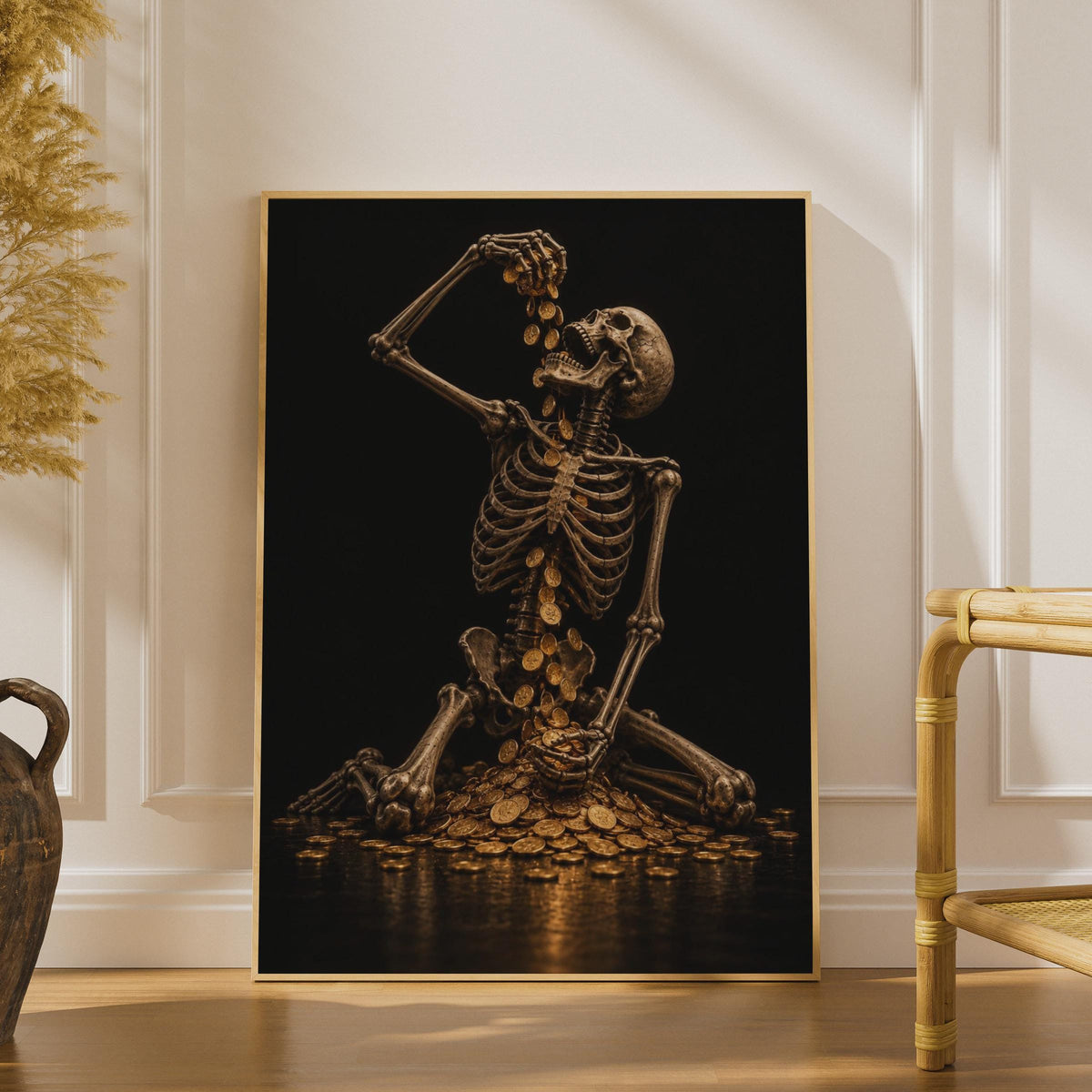 Skeleton Gold Coins Poster, Dark Gothic Wall Art, Memento Mori Decor (Printed)