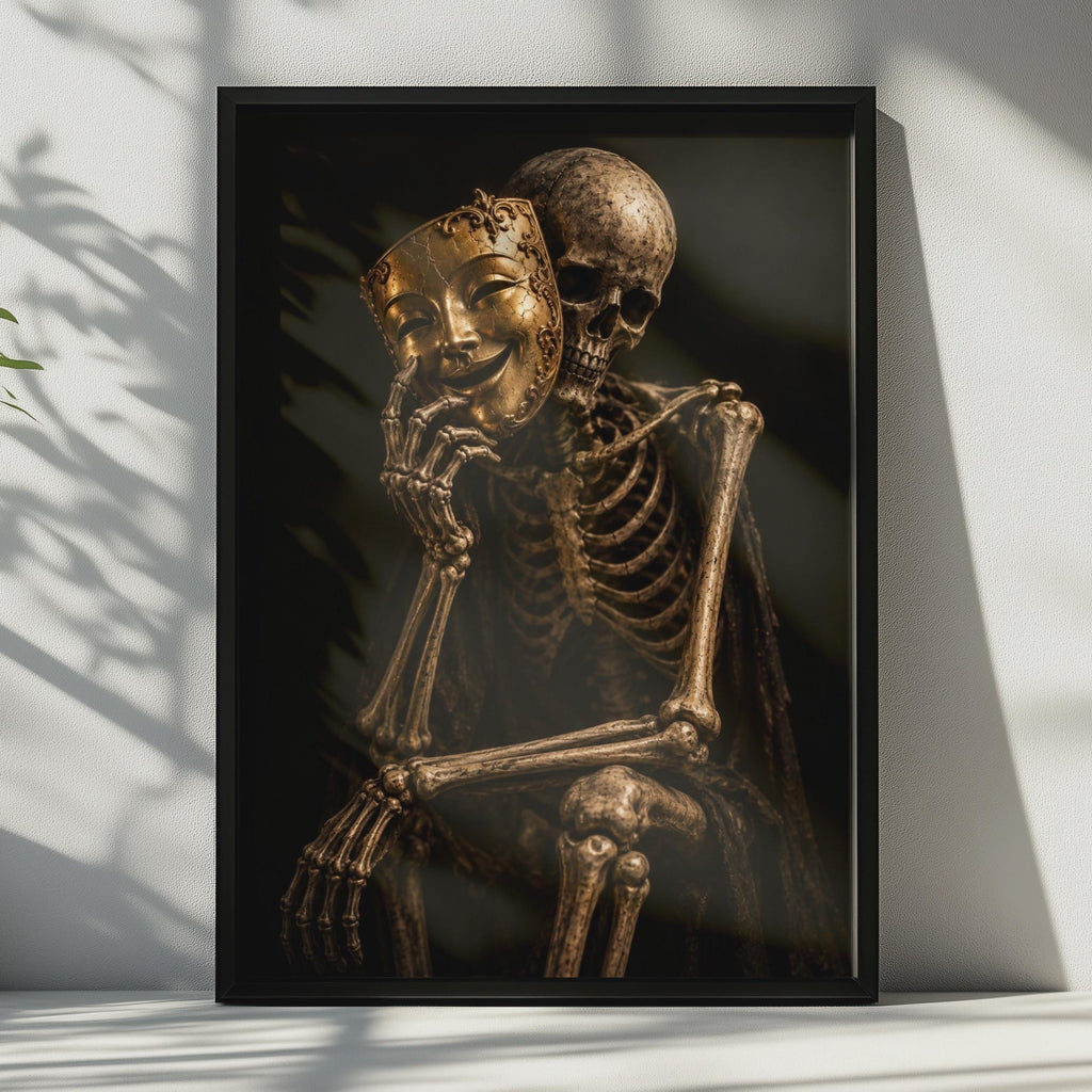 Skeleton Gold Mask Poster, Dark Gothic Wall Art, Memento Mori Print (Physical)