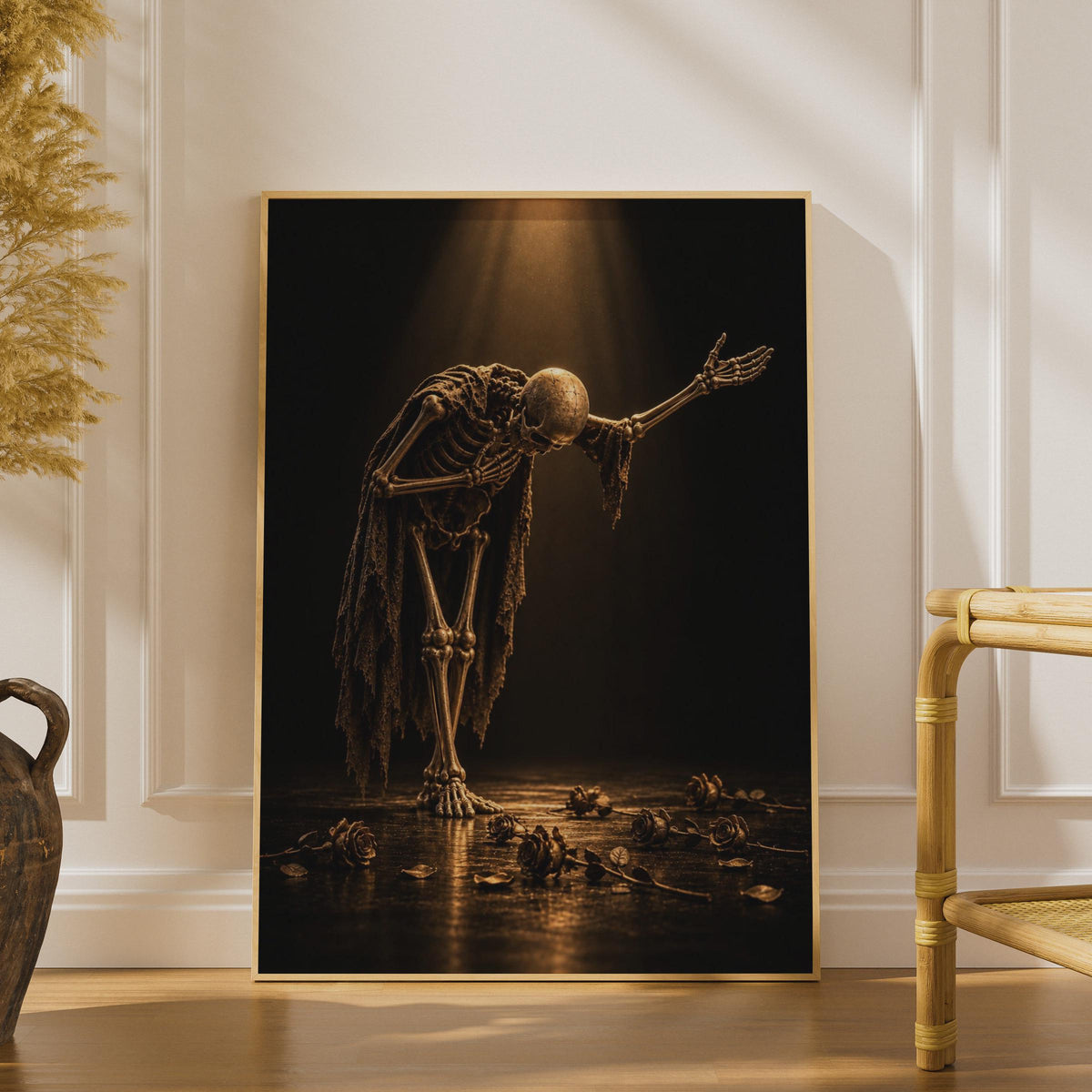 Gold Skeleton Bowing Poster, Gothic Roses, Moody Fantasy Art (Printed Poster)