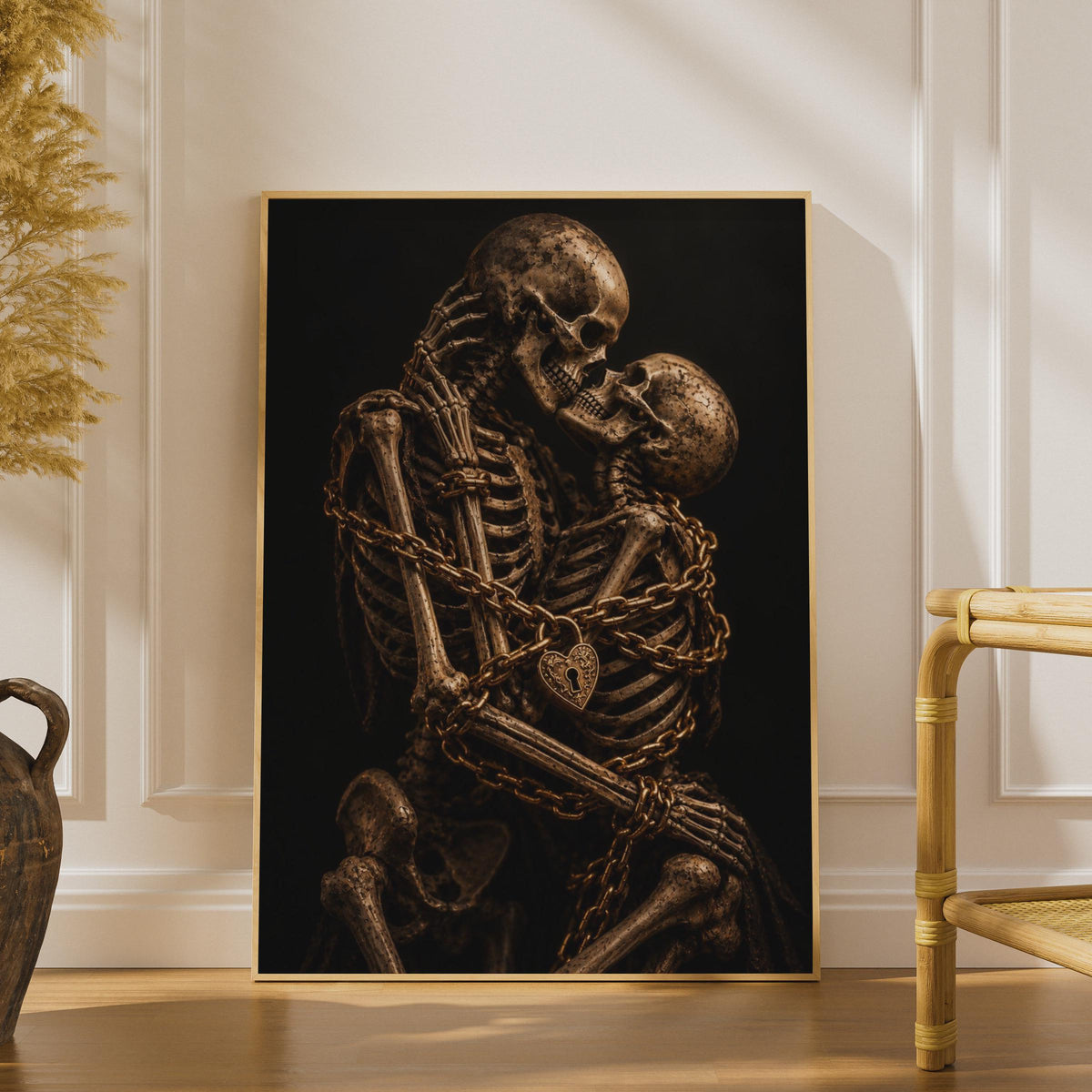 Gothic Romance Poster, Skeleton Couple Heart Lock Chain, Moody Black Gold Print
