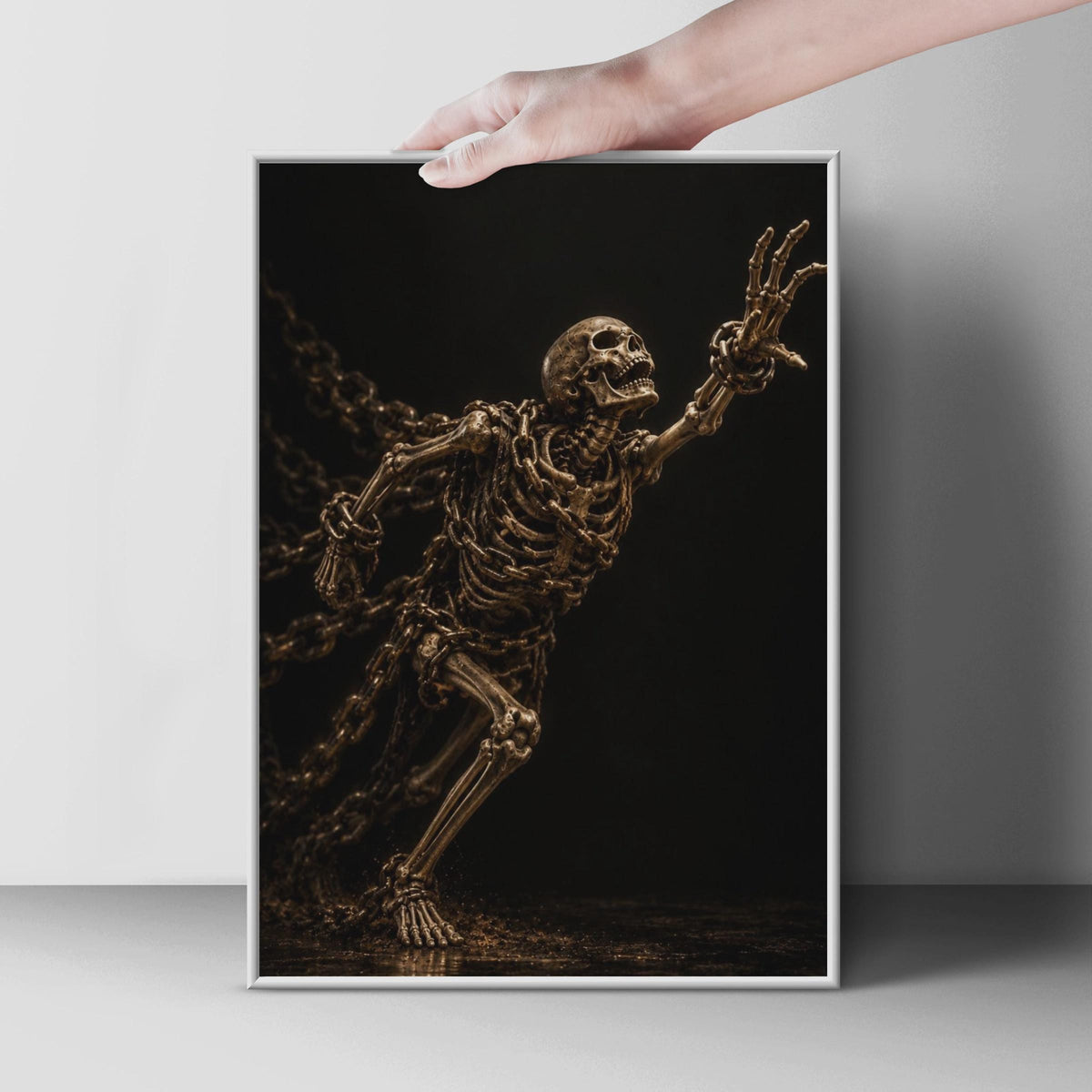 Skeleton Breaking Chains Poster, Dark Gothic Wall Art, Bronze Amber Skull Print (Physical Print)