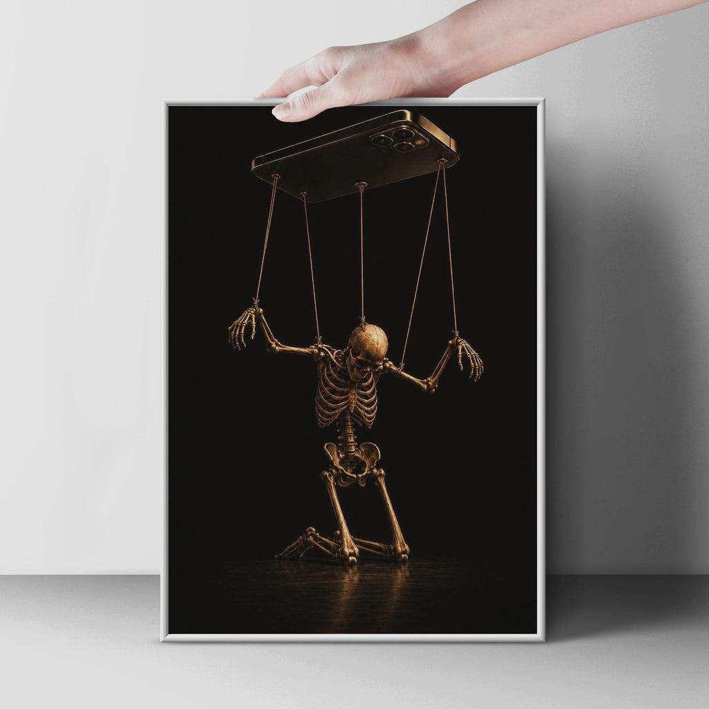 Skeleton Puppet Phone Poster, Dark Gold Gothic Wall Art (Printed Poster)