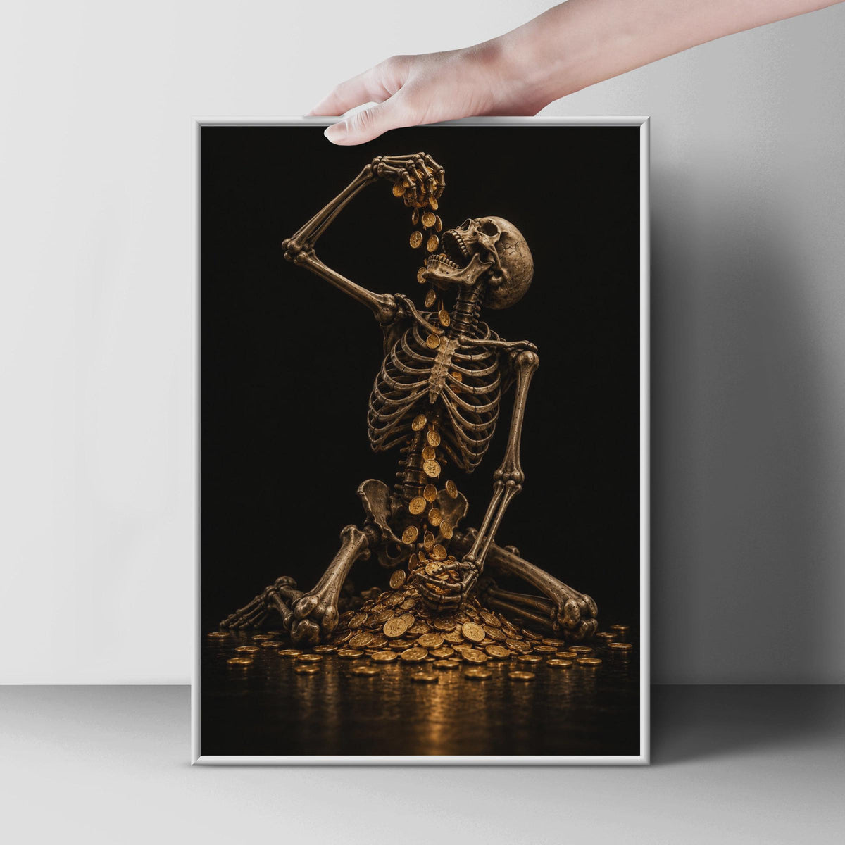 Skeleton Gold Coins Poster, Dark Gothic Wall Art, Memento Mori Decor (Printed)