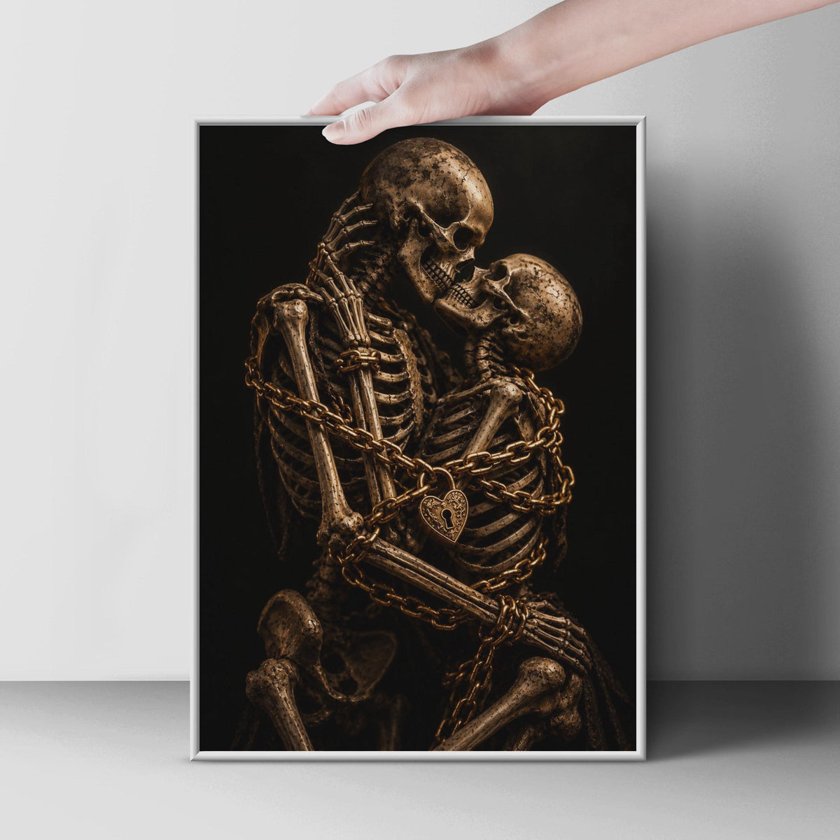 Gothic Romance Poster, Skeleton Couple Heart Lock Chain, Moody Black Gold Print