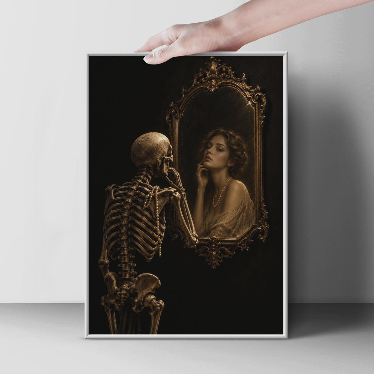 Skeleton Mirror Reflection Poster, Gothic Memento Mori Art, Sepia Gold Baroque Print