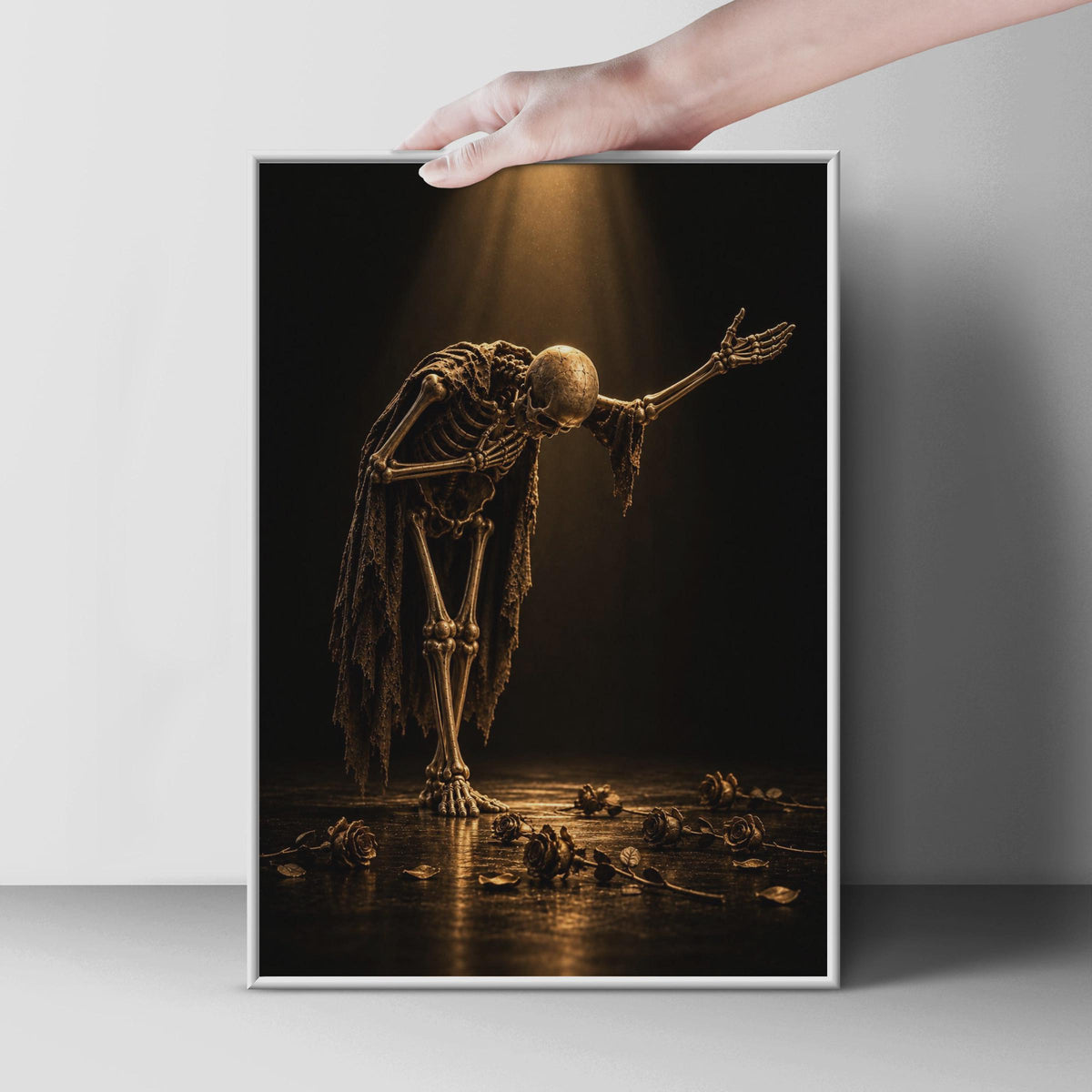 Gold Skeleton Bowing Poster, Gothic Roses, Moody Fantasy Art (Printed Poster)
